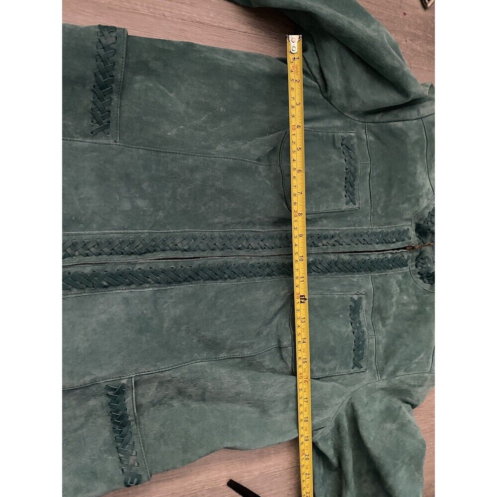 Women's Green Suede Jacket with Woven Trim - Picture 9 of 11